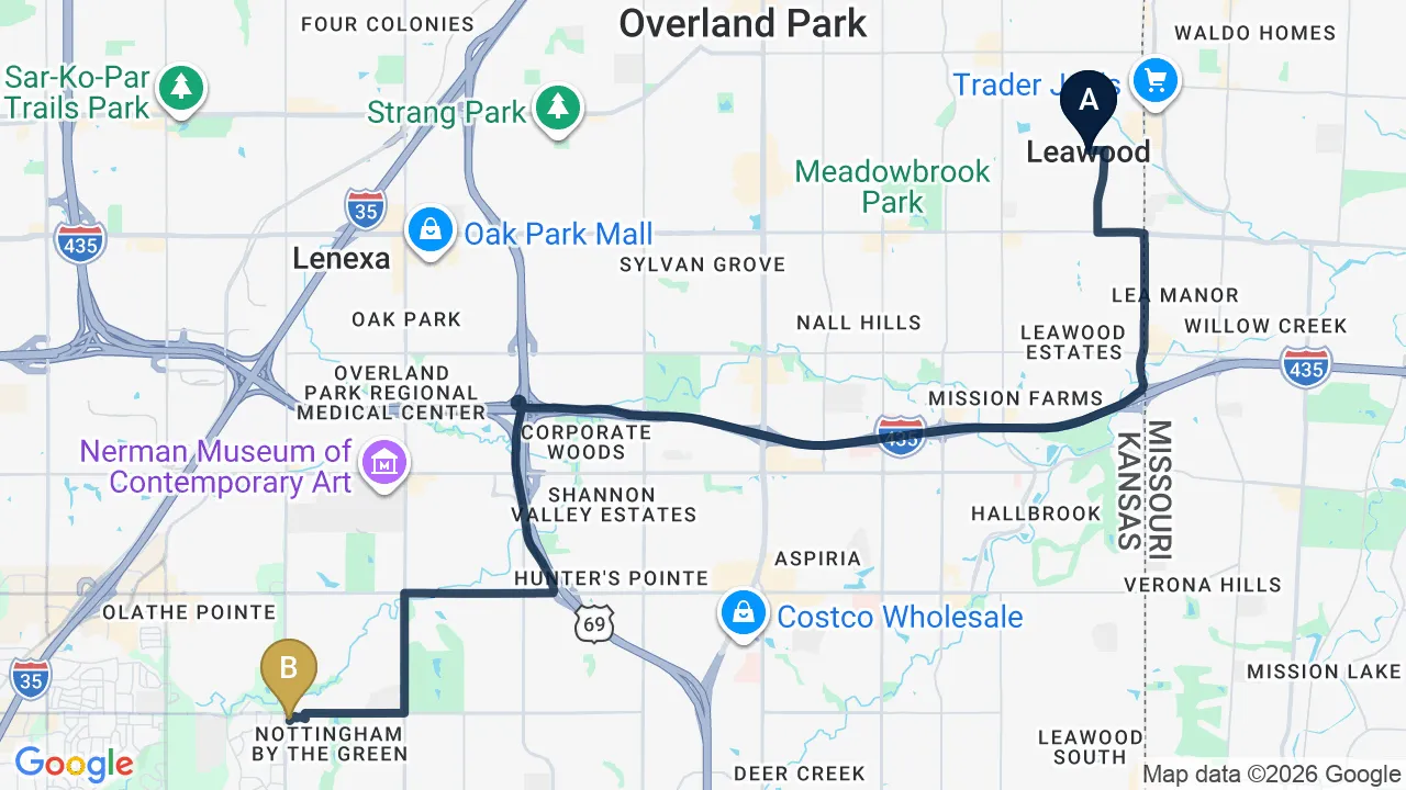 Driving directions map from Leawood, KS to Restore24 Chiropractic in Overland Park