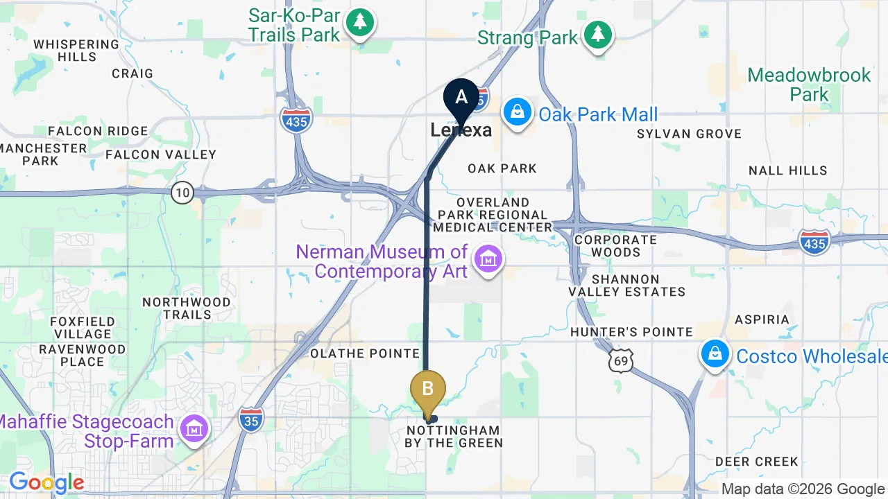Driving directions map from Lenexa, KS to Restore24 Chiropractic in Overland Park