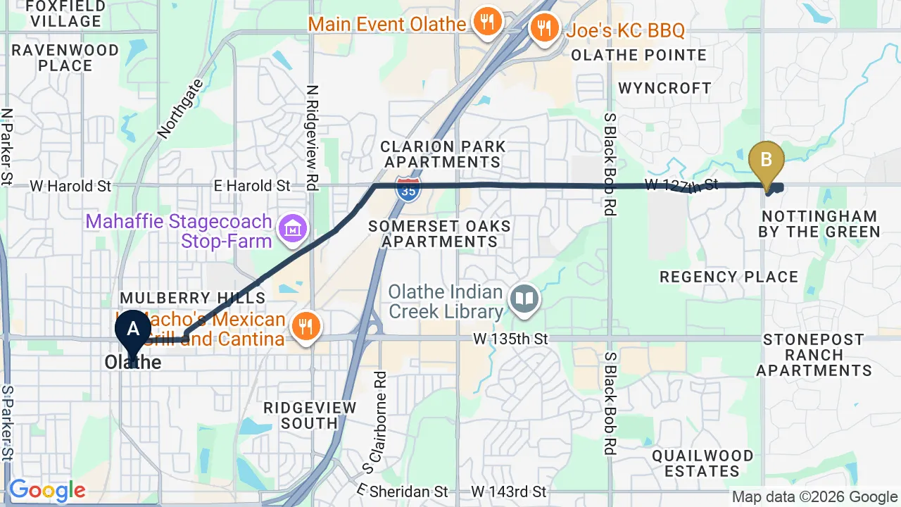 Driving directions map from Olathe, KS to Restore24 Chiropractic in Overland Park