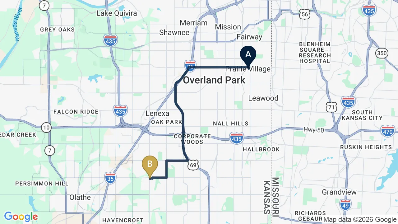 Driving directions map from Prairie Village, KS to Restore24 Chiropractic in Overland Park