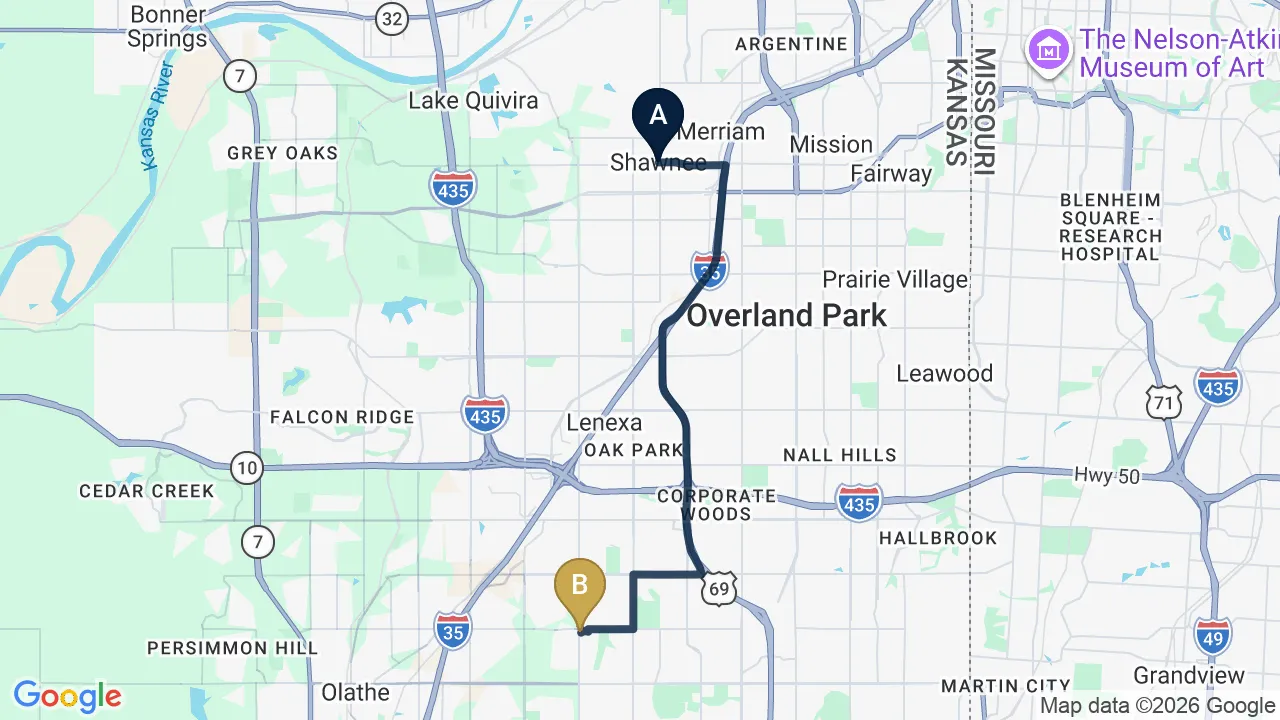 Driving directions map from Shawnee, KS to Restore24 Chiropractic in Overland Park