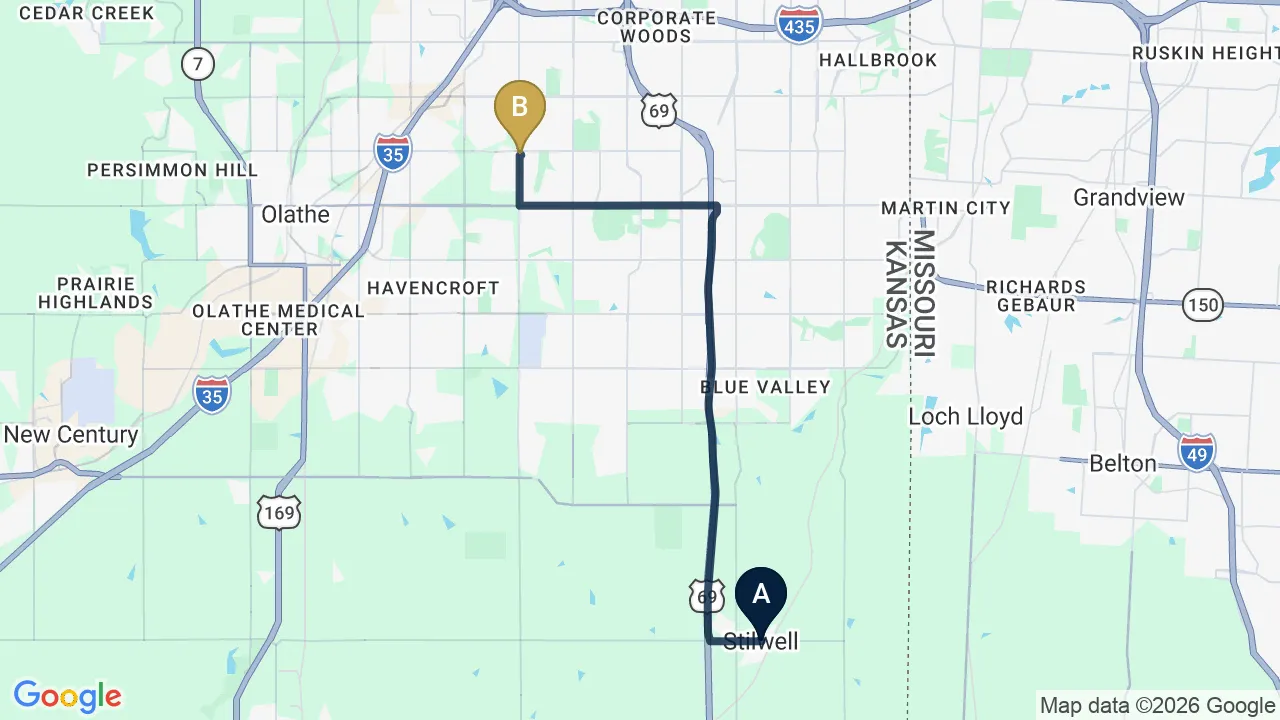 Driving directions map from Stilwell, KS to Restore24 Chiropractic in Overland Park